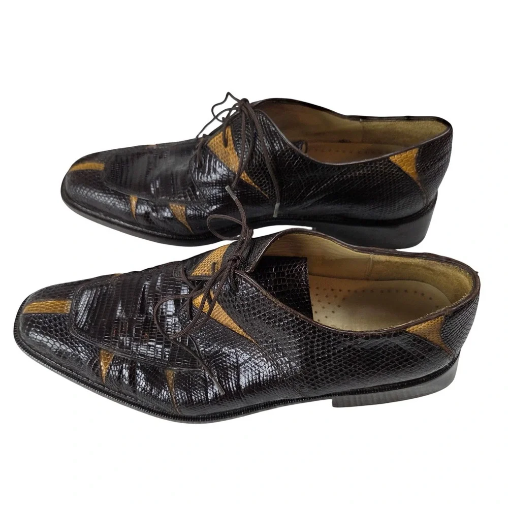 Belvedere Men 8‎ Brown Genuine Lizard Two Tone Lace Up Oxford Shoes